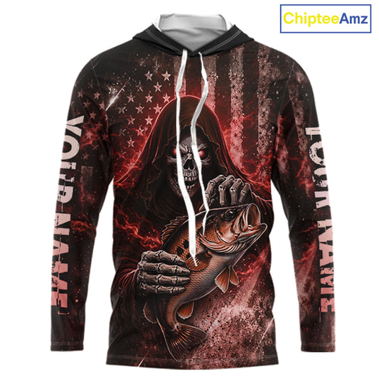 Hooded Custom Team Name Grim Reaper Bass Fishing With American Flag - Patriotic Bass Fishing Jersey|Red NHT629