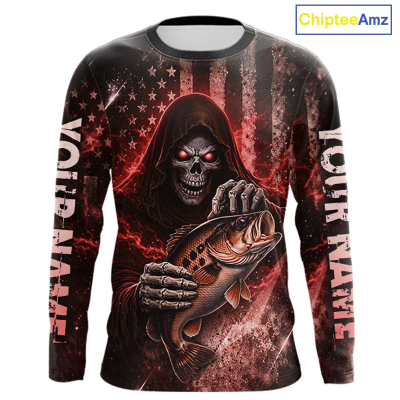 Custom Team Name Grim Reaper Bass Fishing With American Flag - Patriotic Bass Fishing Jersey|Red NHT629