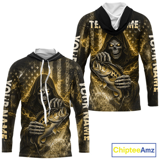 Hooded Custom Team Name Grim Reaper Bass Fishing With American Flag - Patriotic Bass Fishing Jersey|Blue NHT631