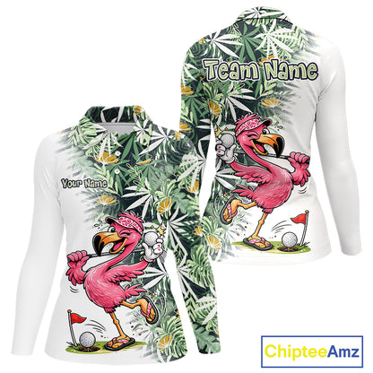 Funny Pink Flamingo Green Tropical Pattern Golf Polo Shirt Custom Golf Shirts For Womens NHT648