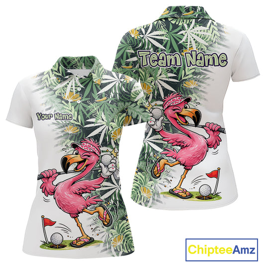 Funny Pink Flamingo Green Tropical Pattern Golf Polo Shirt Custom Golf Shirts For Womens NHT648