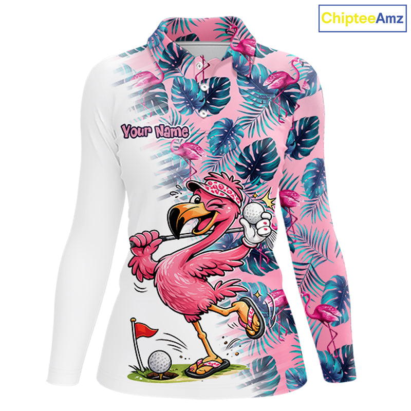 Funny Pink Flamingo Tropical With Pattern Flamingo Golf Polo Shirt Custom Golf Shirts For Womens NHT649