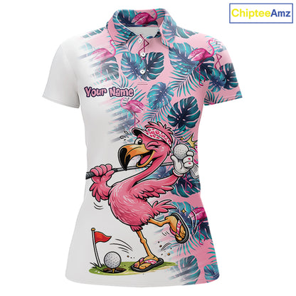 Funny Pink Flamingo Tropical With Pattern Flamingo Golf Polo Shirt Custom Golf Shirts For Womens NHT649
