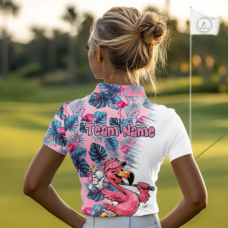 Funny Pink Flamingo Tropical With Pattern Flamingo Golf Polo Shirt Custom Golf Shirts For Womens NHT649