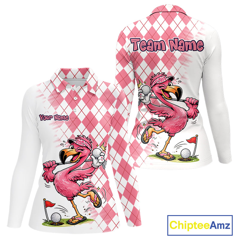 Funny Pink Flamingo Argyle Pink Pattern Golf Polo Shirt Custom Golf Shirts For Womens NHT650