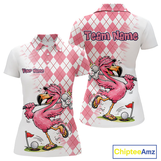 Funny Pink Flamingo Argyle Pink Pattern Golf Polo Shirt Custom Golf Shirts For Womens NHT650