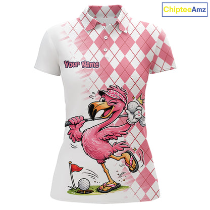 Funny Pink Flamingo Argyle Pink Pattern Golf Polo Shirt Custom Golf Shirts For Womens NHT650