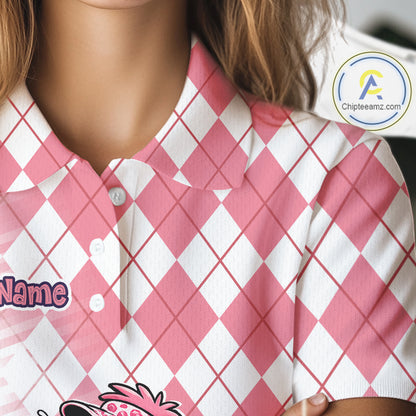 Funny Pink Flamingo Argyle Pink Pattern Golf Polo Shirt Custom Golf Shirts For Womens NHT650