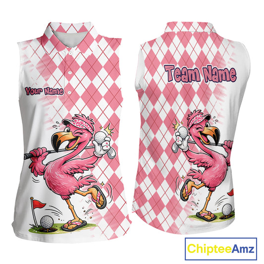 Funny Pink Flamingo Argyle Pink Pattern Sleeveless Womens Golf Polo Shirt Custom Golf Shirts For Womens NHT650
