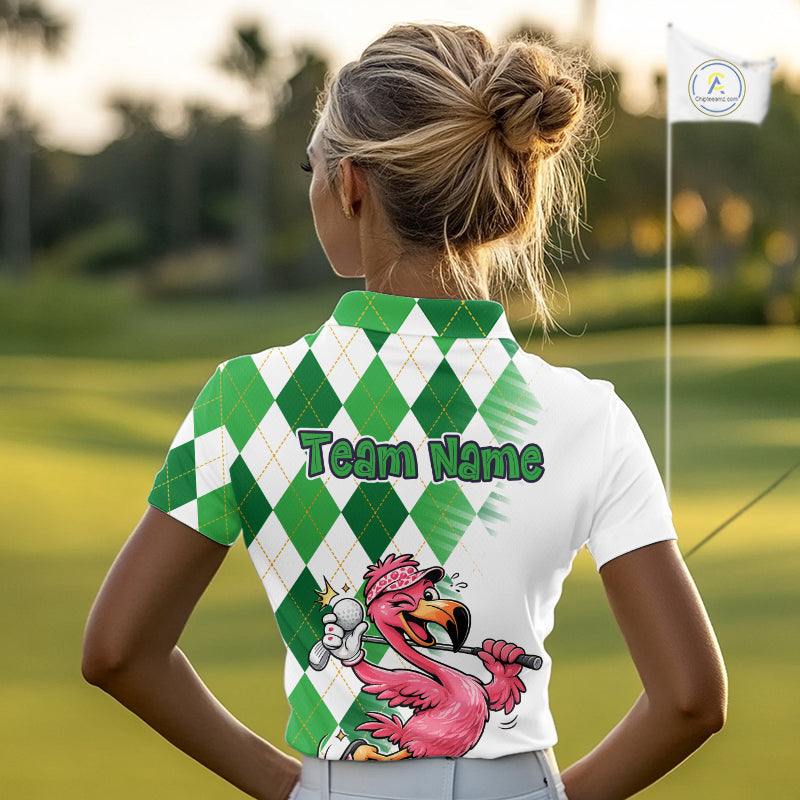 Funny Pink Flamingo Argyle Green Pattern Golf Polo Shirt Custom Golf Shirts For Womens NHT651