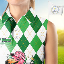 Load image into Gallery viewer, Funny Pink Flamingo Argyle Green Pattern Sleeveless Womens Golf Polo Shirt Custom Golf Shirts For Womens NHT651