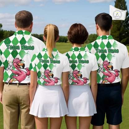 Funny Pink Flamingo Argyle Green Pattern Golf Polo Shirt Custom Golf Shirts For Womens NHT651
