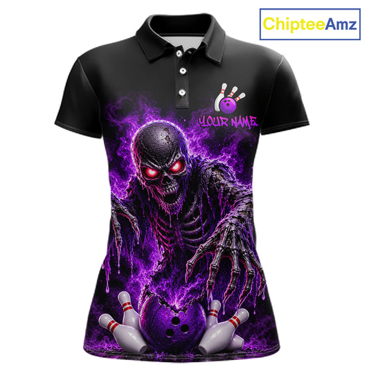 A black short-sleeve polo shirt with a graphic of a spooky skeleton bowling monster surrounded by purple energy, with bowling pins and a bowling ball at the bottom. The shirt has a custom name placeholder on the chest and a 'ChipteeAmz' logo in the top right corner.
