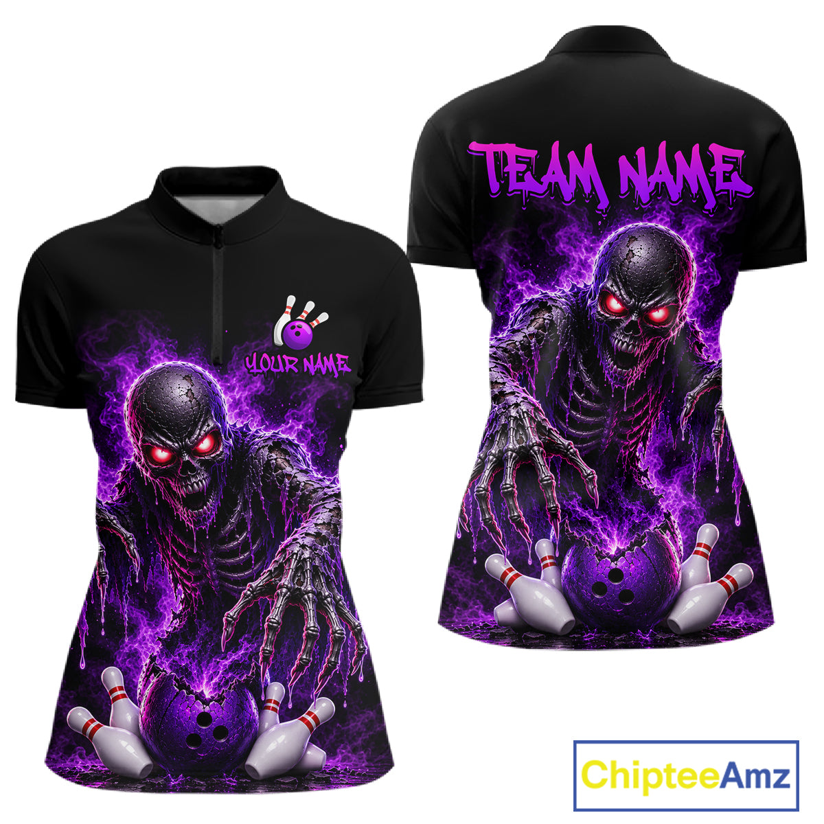 Black short-sleeve bowling-themed polo shirt shown from the front and back, featuring a large purple and black zombie bowling graphic with red eyes, bowling balls, pins, and customizable text areas. A ChipteeAmz logo appears in the bottom right corner.
