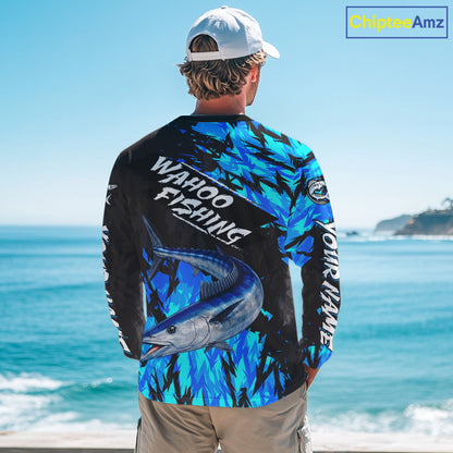 Personalized Wahoo Blue Long Sleeve Performance Fishing Shirts, Fishing Shirt For Men NHT454