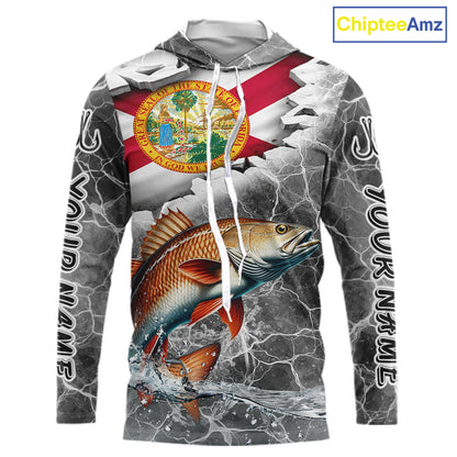 Florida Redfish Camo Gray Custom Long Sleeve Hooded Performance Fishing Shirts, Florida Flag Fishing Jerseys NHT660