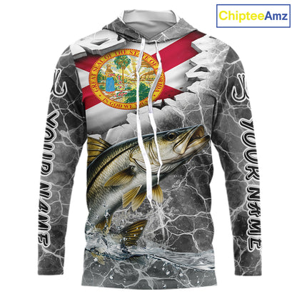 Florida Snook Camo Gray Custom Long Sleeve Hooded Performance Fishing Shirts, Florida Flag Fishing Jerseys NHT661
