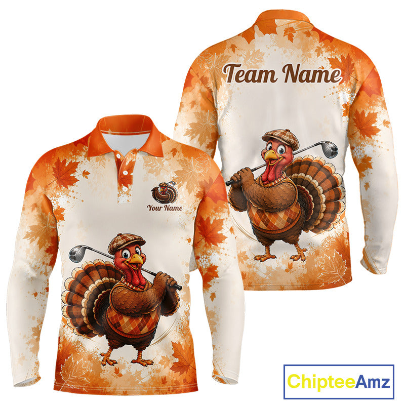 Thanksgiving Turkey Men Golf Polo Shirt Custom Name, Personalized Autumn Golf Team Polo NHT1337