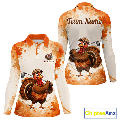 Thanksgiving Turkey Women Golf Polo Shirt Custom Name, Personalized Autumn Golf Team Polo NHT1337