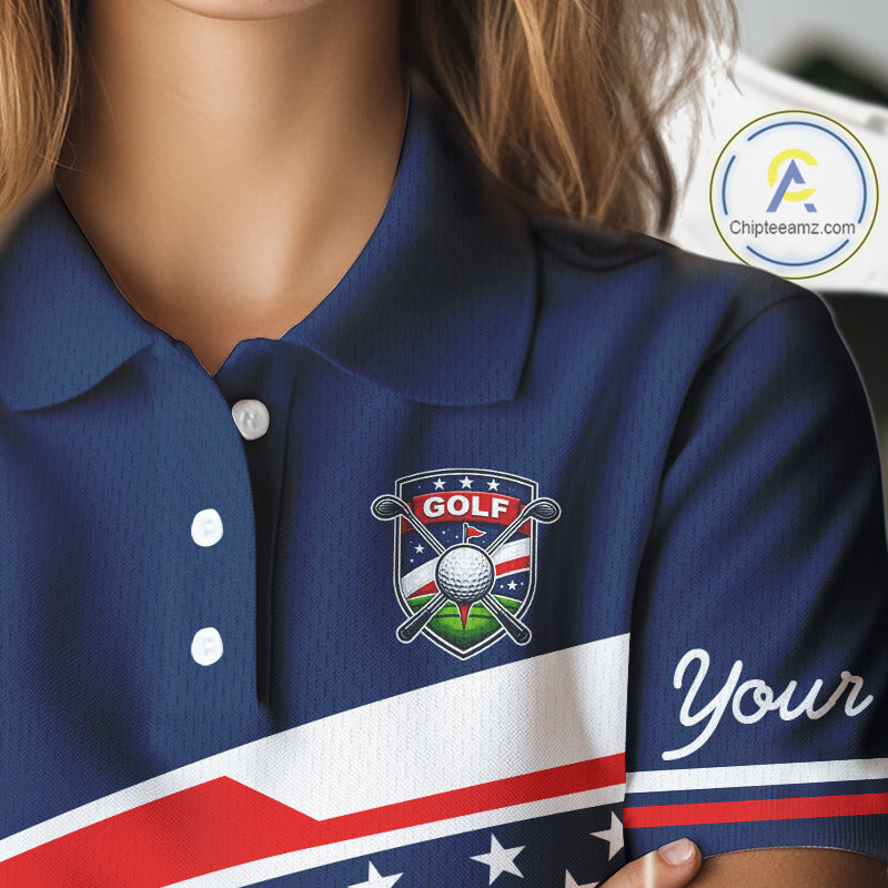 Blue Navy American Flag Womens Golf Polo Shirts Custom Patriotic Team Golf Shirts For Womens Golf Gifts NHT693