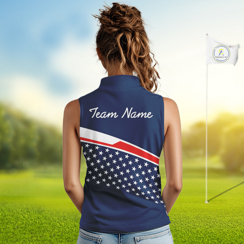 Blue Navy American Flag Womens Sleeveless Golf Polo Shirts Custom Patriotic Team Golf Shirts For Team Golf Gifts NHT693