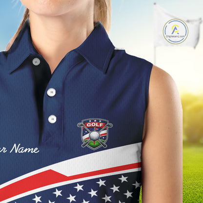 Blue Navy American Flag Womens Sleeveless Golf Polo Shirts Custom Patriotic Team Golf Shirts For Team Golf Gifts NHT693