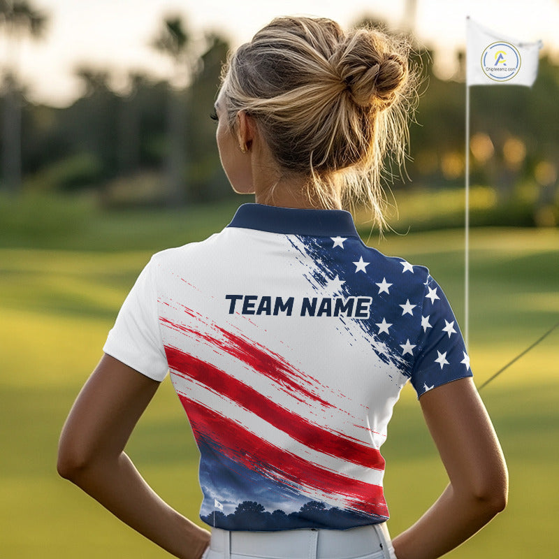 Women's Patriotic Golf Polo Shirt – USA Flag Golf Apparel, Red White Blue Performance Polo 