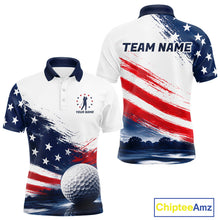 Load image into Gallery viewer, Men's Patriotic Golf Polo Shirt – USA Flag Golf Apparel, Red White Blue Performance Polo 