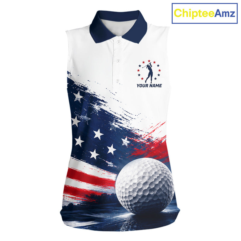 Women's Sleeveless Patriotic Golf Polo Shirt – USA Flag Golf Apparel, Red White Blue Performance Polo 