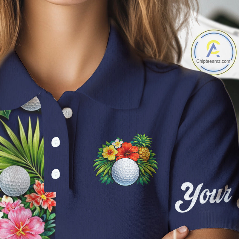 Womens Golf Polo Shirt Green Tropical Flower Leaves Custom Name Golf Polo Shirts, Golfing Gift NHT720