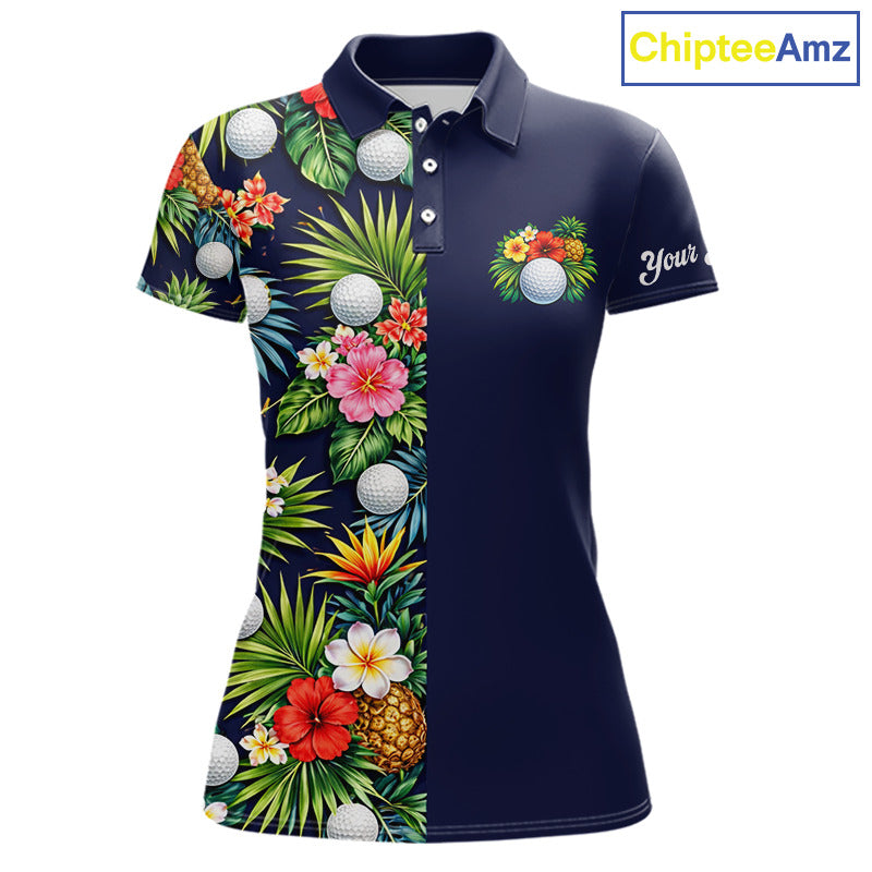 Womens Golf Polo Shirt Green Tropical Flower Leaves Custom Name Golf Polo Shirts, Golfing Gift NHT720