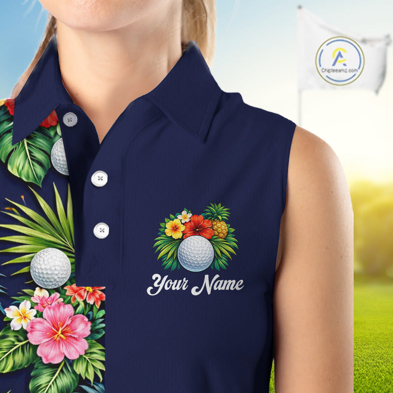 Womens Sleeveless Golf Polo Shirt Green Tropical Flower Leaves Custom Name Golf Polo Shirts, Golfing Gift NHT720
