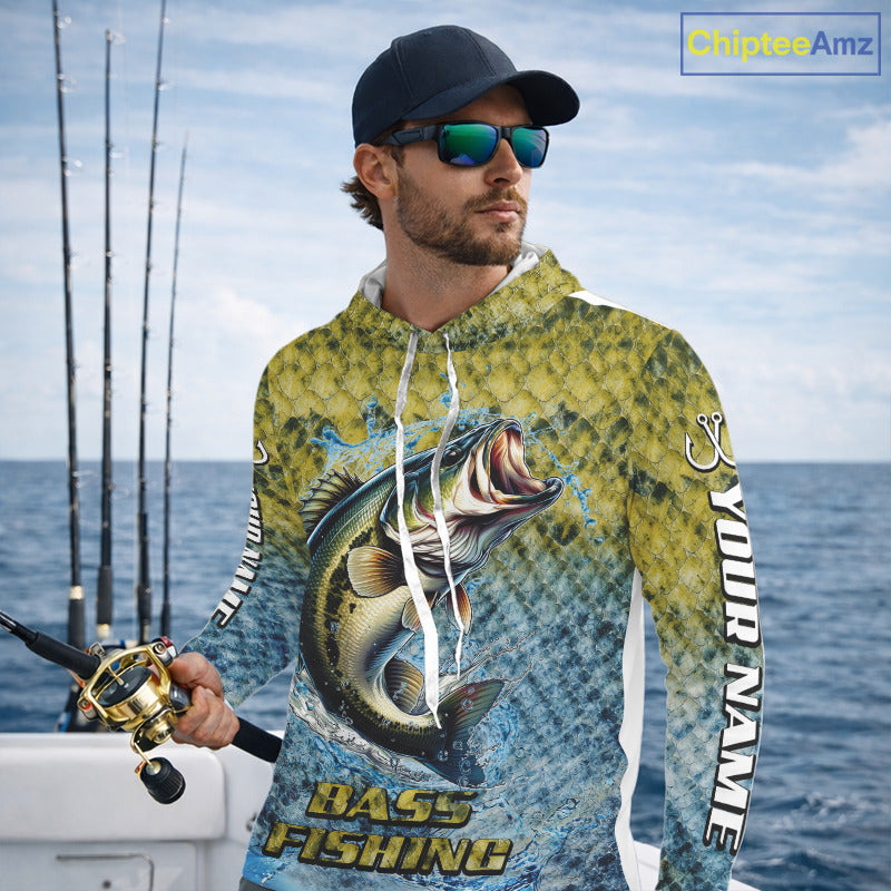 Largemouth Bass Fishing Shirts Long Sleeve Hooded, Beautiful Bass Fishing Shirts For Men NHT403