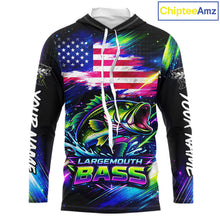 Load image into Gallery viewer, Personalized Bass Fishing Jerseys, Custom American Flag Fishing Shirts Long Sleeve Hooded For Men NHT458