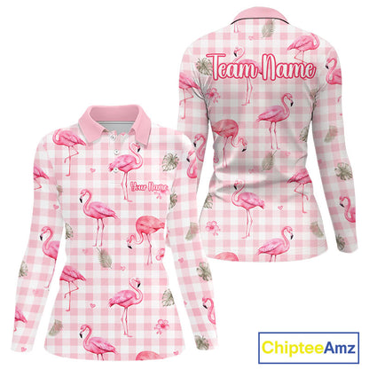 Personalized Flamingo Polo Shirt Pink Plaid Custom Name Team Shirt Womens Flamingo Golf Polo Gift NHT1216