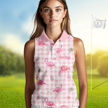 Personalized Flamingo Polo Shirt Pink Plaid Custom Name Team Shirt Womens Sleeveless Flamingo Golf Polo Gift NHT1216