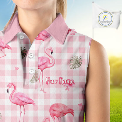Personalized Flamingo Polo Shirt Pink Plaid Custom Name Team Shirt Womens Sleeveless Flamingo Golf Polo Gift NHT1216