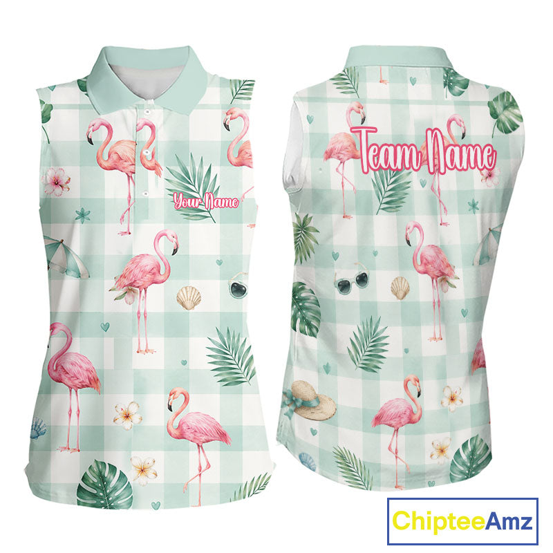 Personalized Flamingo Golf Polo Shirt, Mint Plaid Custom Name Team Shirt, Womens Sleeveless Golf Polo Gift NHT1217