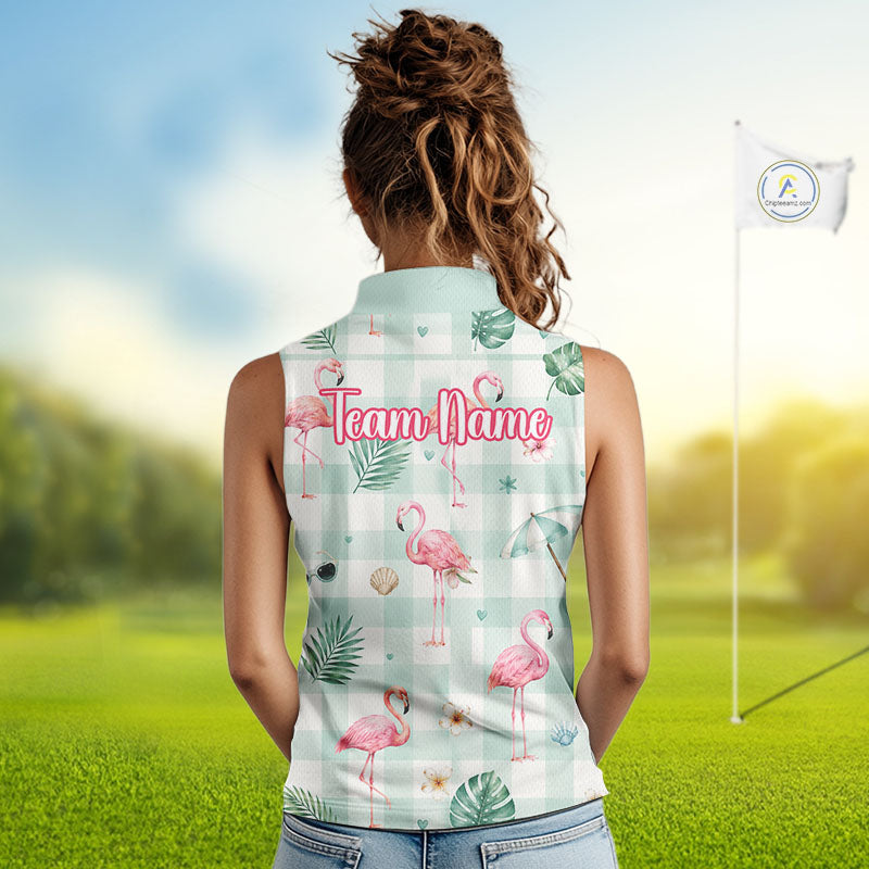 Personalized Flamingo Golf Polo Shirt, Mint Plaid Custom Name Team Shirt, Womens Sleeveless Golf Polo Gift NHT1217