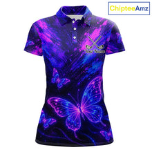 Load image into Gallery viewer, Neon Butterfly Womens Golf Polo Shirt Personalized Team Name Custom Purple Blue Golf Apparel Gift NHT901