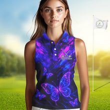 Load image into Gallery viewer, Neon Butterfly Womens Golf Polo Shirt Personalized Team Name Custom Purple Blue Golf Apparel Gift NHT901