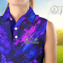 Load image into Gallery viewer, Neon Butterfly Womens Golf Polo Shirt Personalized Team Name Custom Purple Blue Golf Apparel Gift NHT901