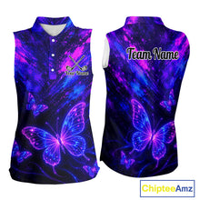 Load image into Gallery viewer, Neon Butterfly Womens Golf Polo Shirt Personalized Team Name Custom Purple Blue Golf Apparel Gift NHT901