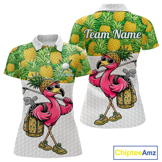 Golfing Flamingo Womens Funny Golf Polo Shirt Custom Yellow Pattern Pineapple Golf Ball Clothes Shirts NHT739