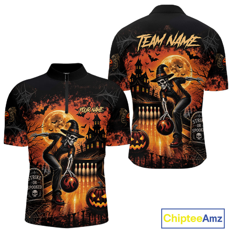 Halloween Bowling Shirt Personalized Name Skull Skeleton Bowling Shirt For Men NHT1377