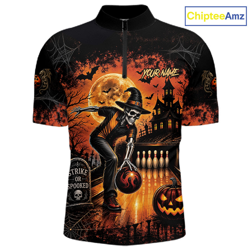 Halloween Bowling Shirt Personalized Name Skull Skeleton Bowling Shirt For Men NHT1377
