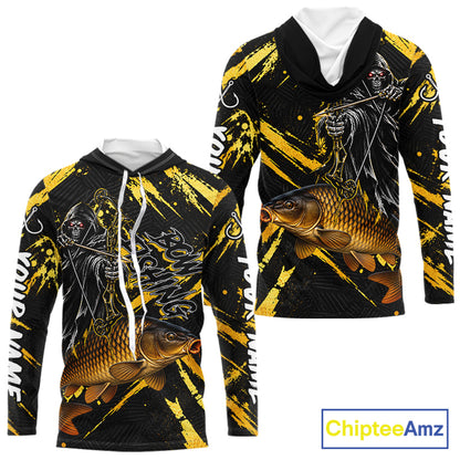 Carp Fishing Shirts Hooded Long Sleeve For Men, Grim Reaper Fishing Apparel, Bowfishing Gift NHT1378