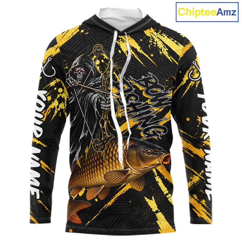 Carp Fishing Shirts Hooded Long Sleeve For Men, Grim Reaper Fishing Apparel, Bowfishing Gift NHT1378
