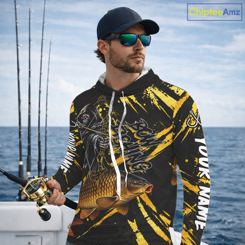 Carp Fishing Shirts Hooded Long Sleeve For Men, Grim Reaper Fishing Apparel, Bowfishing Gift NHT1378