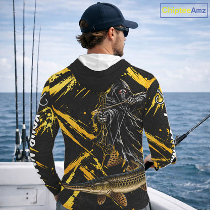 Alligator Gar Fishing Shirts Hoodeds Long Sleeve For Men, Grim Reaper Fishing Apparel, Bowfishing Gift NHT1379